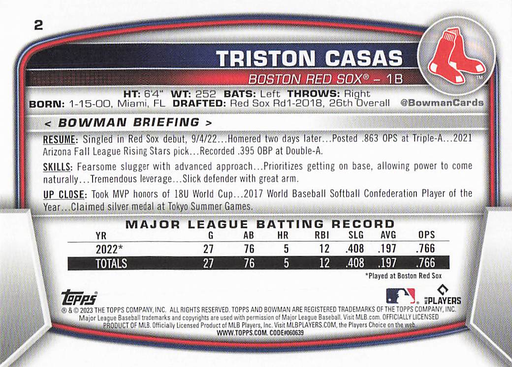 2023 Bowman Baseball Triston Casas #2 Rookie