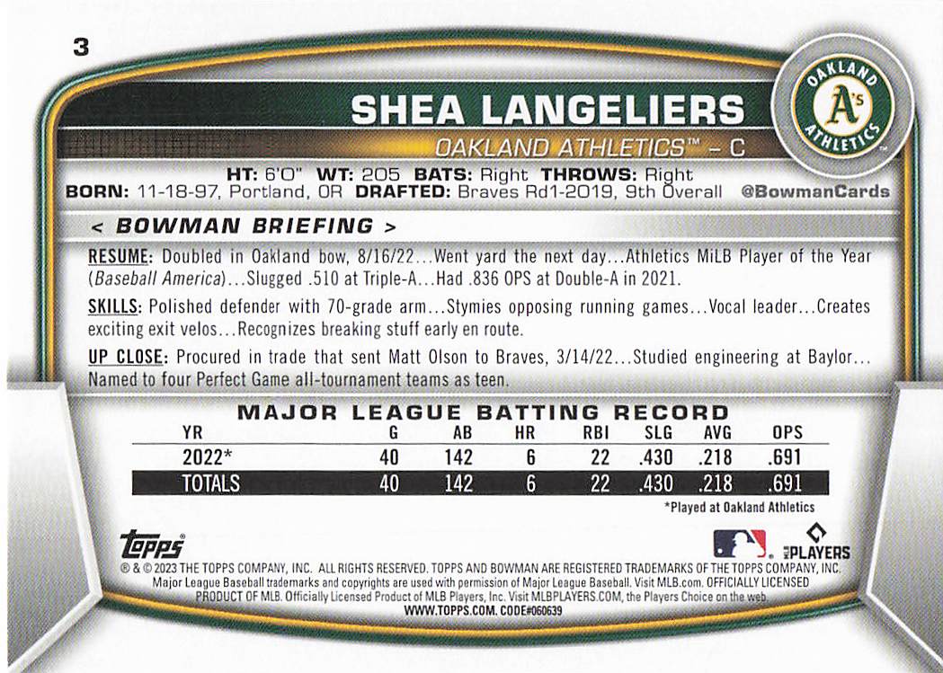 2023 Bowman Baseball Shea Langeliers #3 Rookie