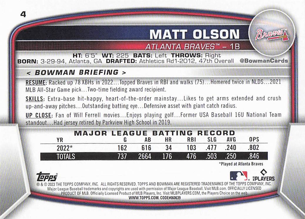 2023 Bowman Baseball Matt Olson #4