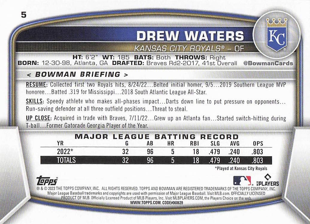 2023 Bowman Baseball Drew Waters #5 Rookie