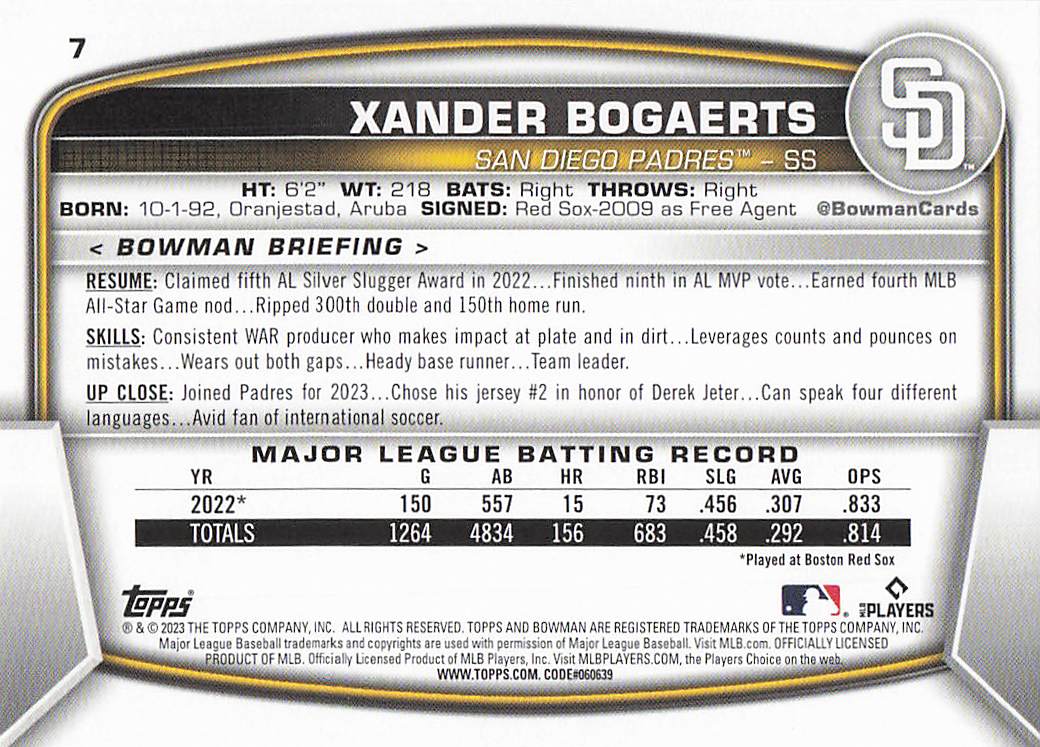 2023 Bowman Baseball Xander Bogaerts #7
