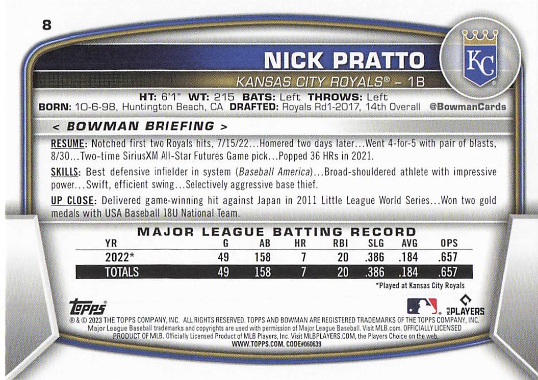 2023 Bowman Baseball Nick Pratto #8 Rookie