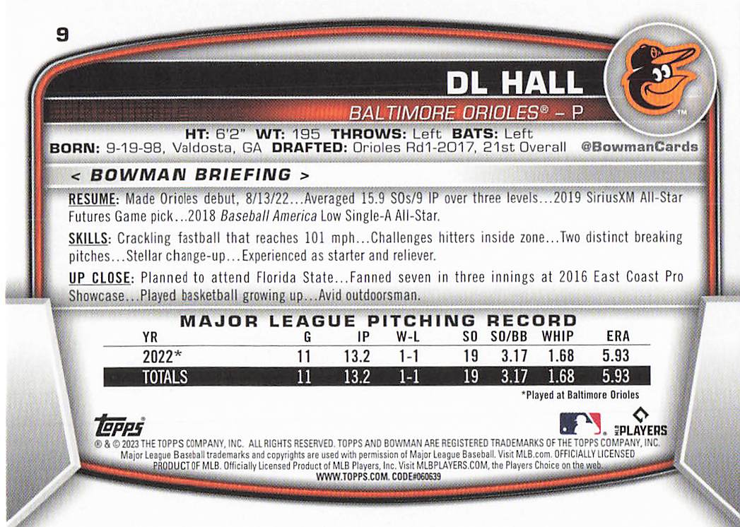 2023 Bowman Baseball DL Hall #9 Rookie