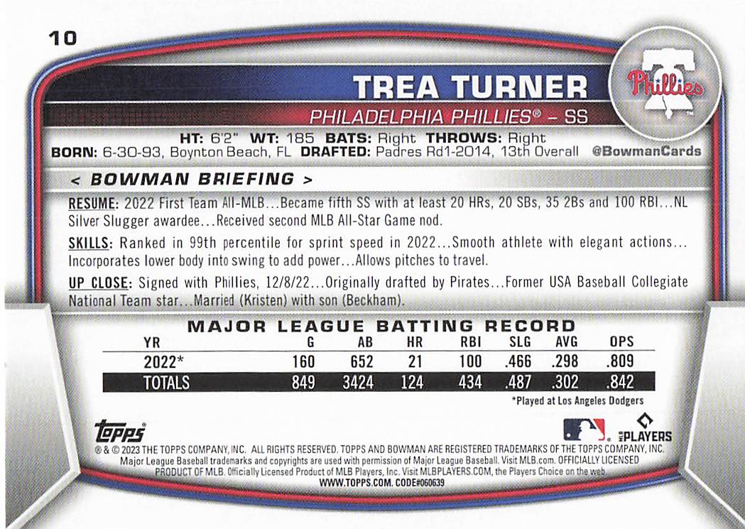 2023 Bowman Baseball Trea Turner #10