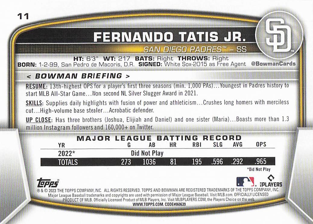 2023 Bowman Baseball Fernando Tatis Jr. #11