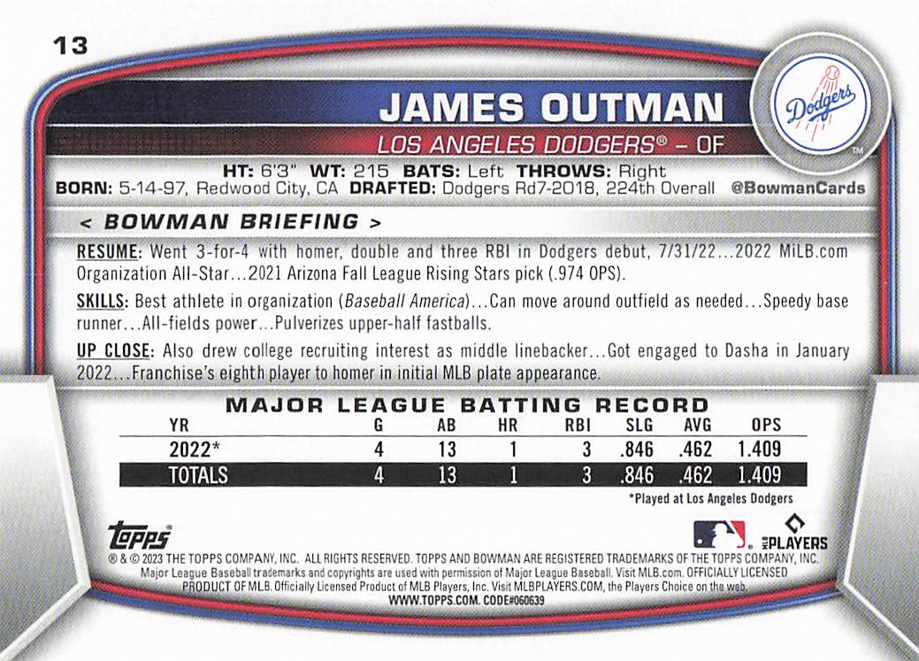 2023 Bowman Baseball James Outman #13 Rookie