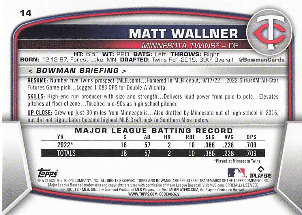 2023 Bowman Baseball Matt Wallner #14 Rookie
