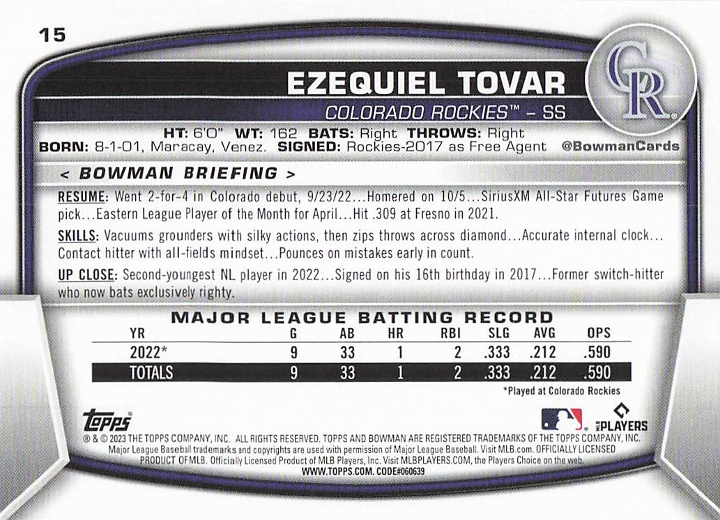2023 Topps Baseball Ezequiel Tovar #651 Rookie