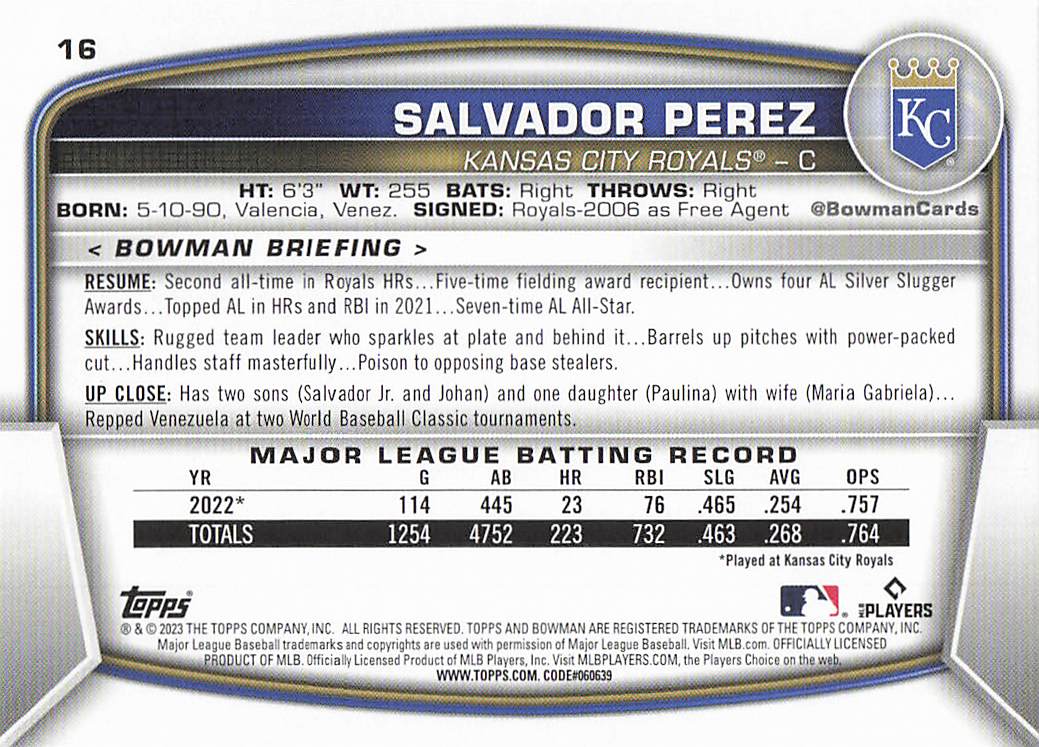 2023 Bowman Baseball Salvador Perez #16