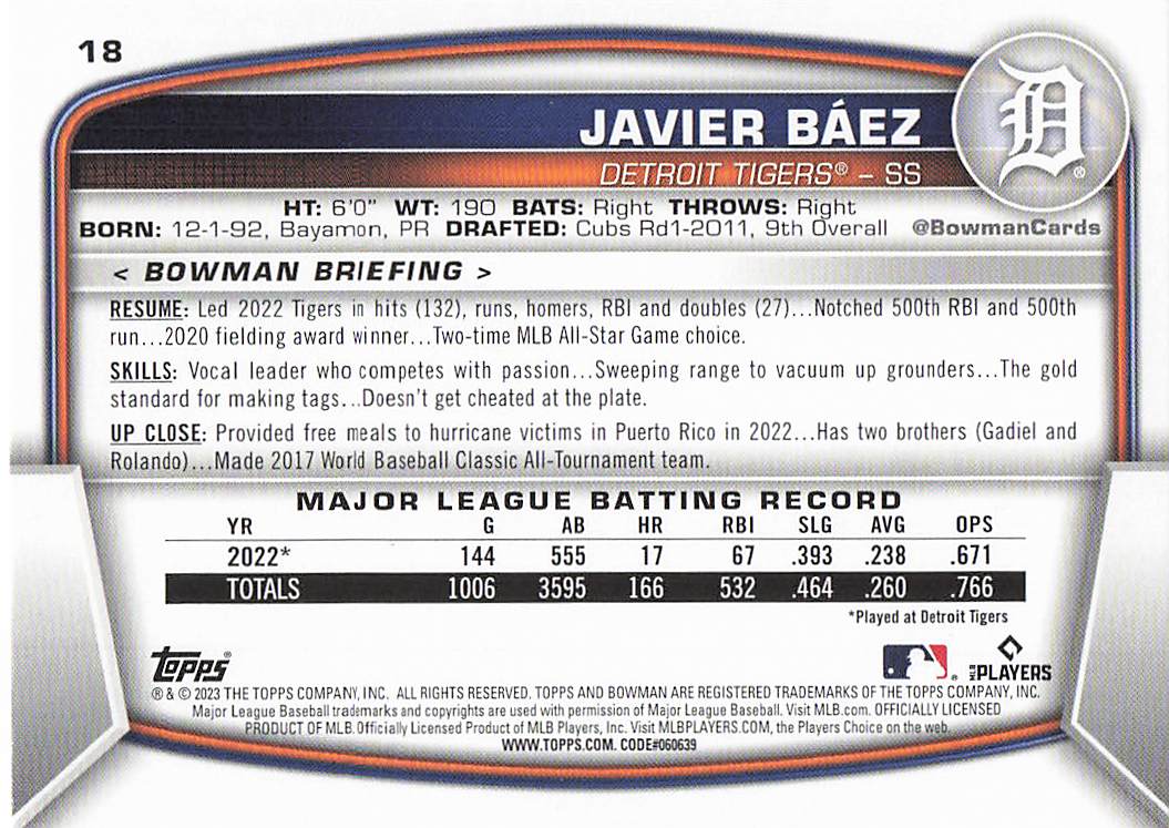 2023 Bowman Baseball Javier Baez #18