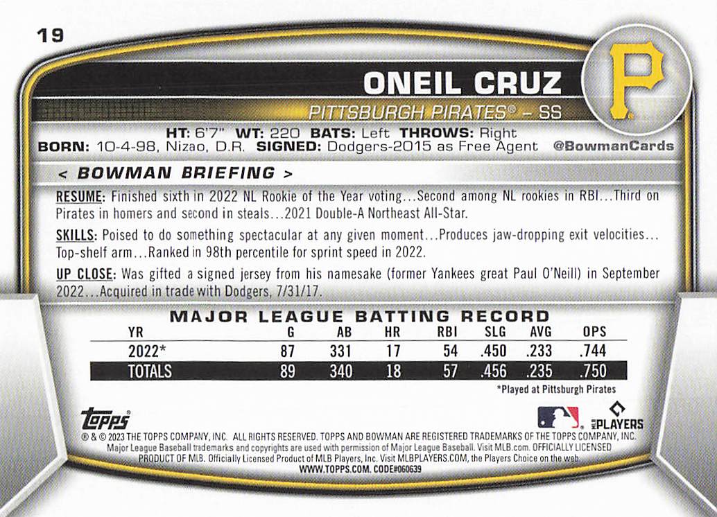 2023 Bowman Baseball Oneil Cruz #19