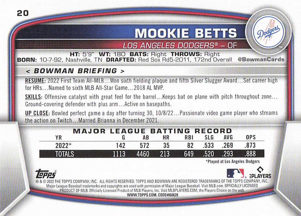 2023 Bowman Baseball Mookie Betts #20