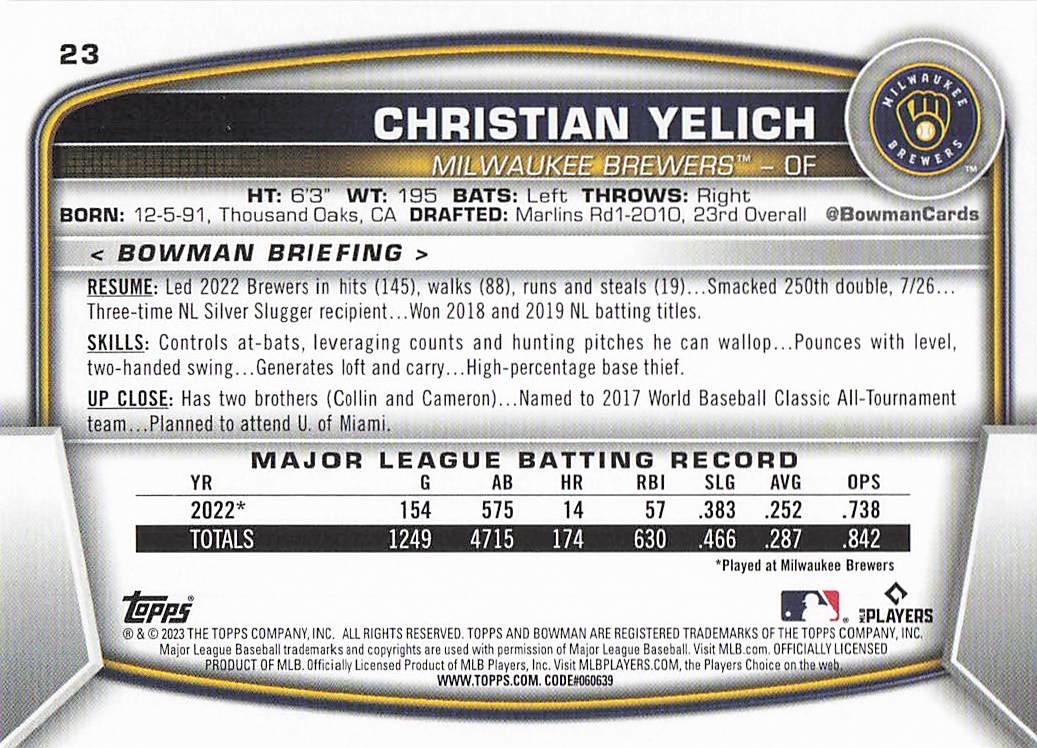 2023 Bowman Baseball Christian Yelich #23