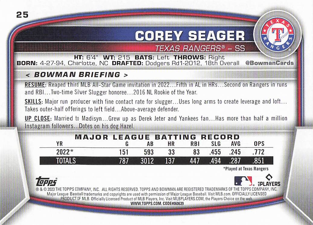 2023 Bowman Baseball Corey Seager #25