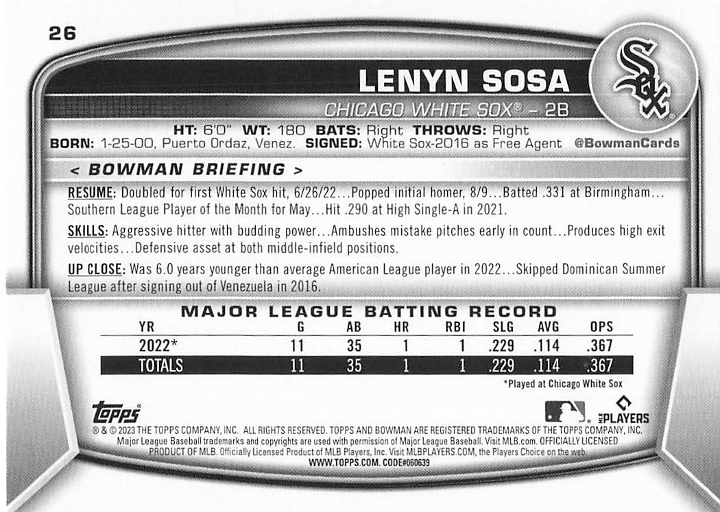 2023 Bowman Baseball Lenyn Sosa #26 Rookie