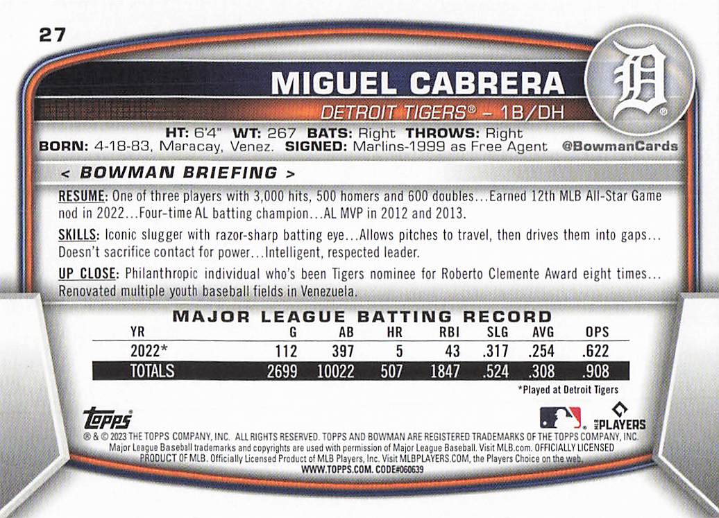 2023 Bowman Baseball Miguel Cabrera #27