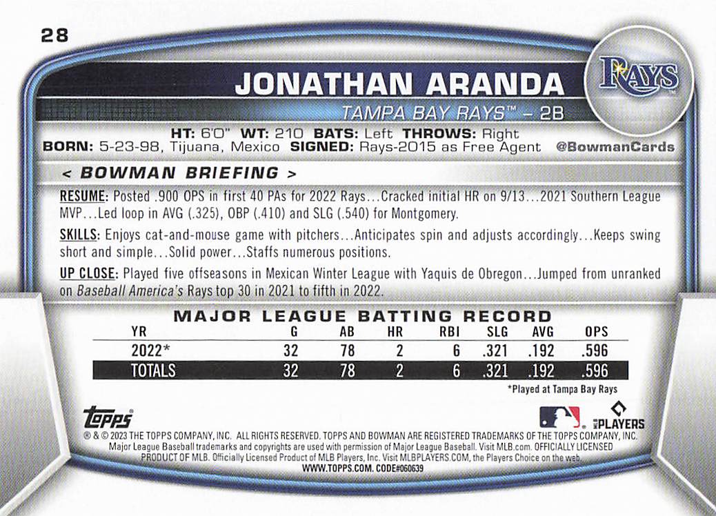 2023 Bowman Baseball Jonathan Aranda #28 Rookie