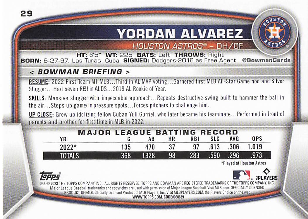 2023 Bowman Baseball Yordan Alvarez #29