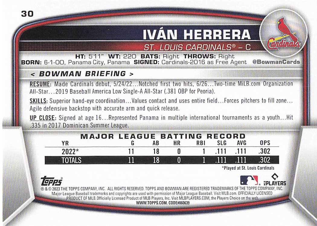 2023 Bowman Baseball Ivan Herrera #30 Rookie