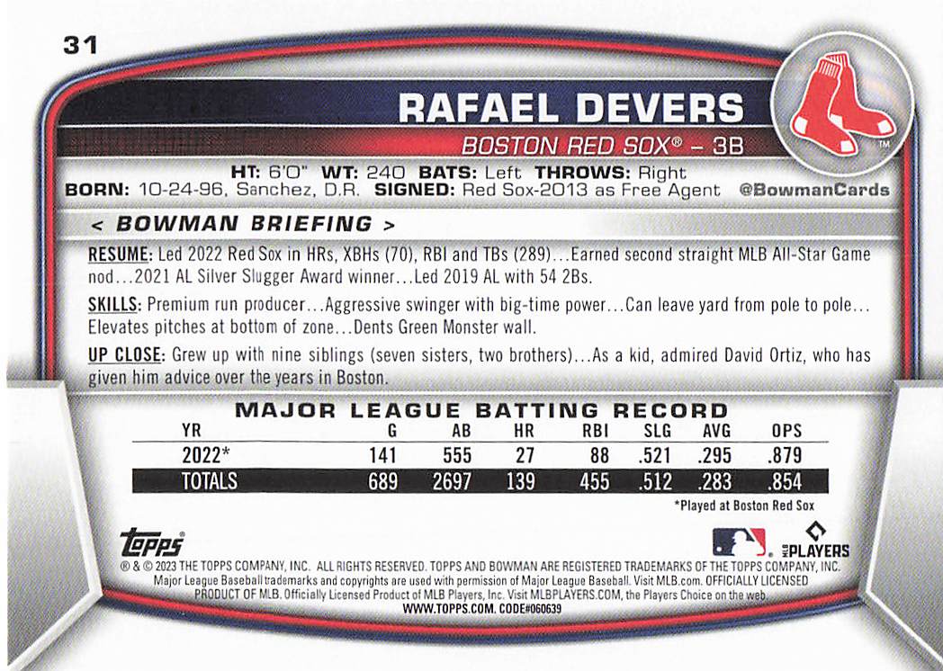 2023 Bowman Baseball Rafael Devers #31