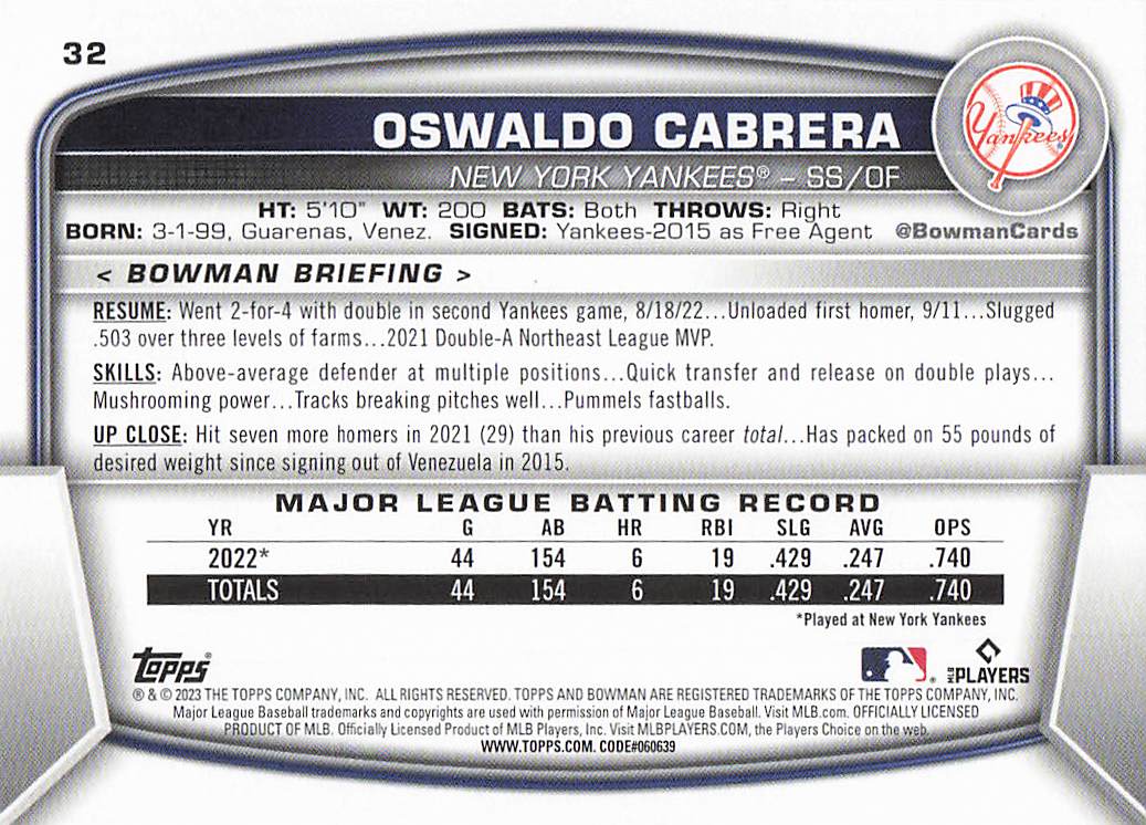 2023 Bowman Baseball Oswaldo Cabrera #32 Rookie