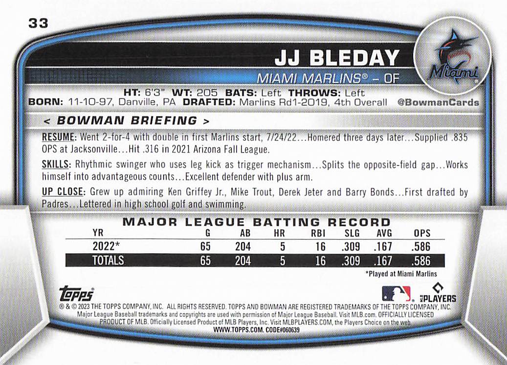 2023 Bowman Baseball JJ Bleday #33 Rookie