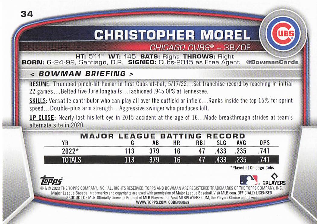 2023 Bowman Baseball Christopher Morel #34 Rookie