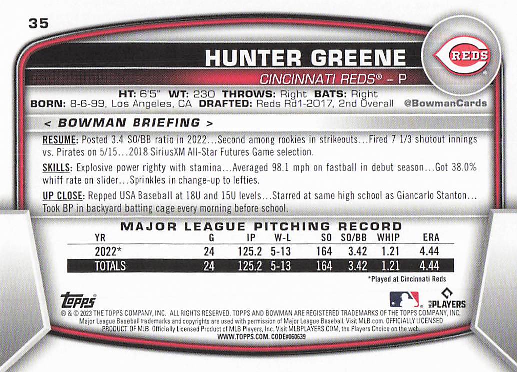 2023 Bowman Baseball Hunter Greene #35