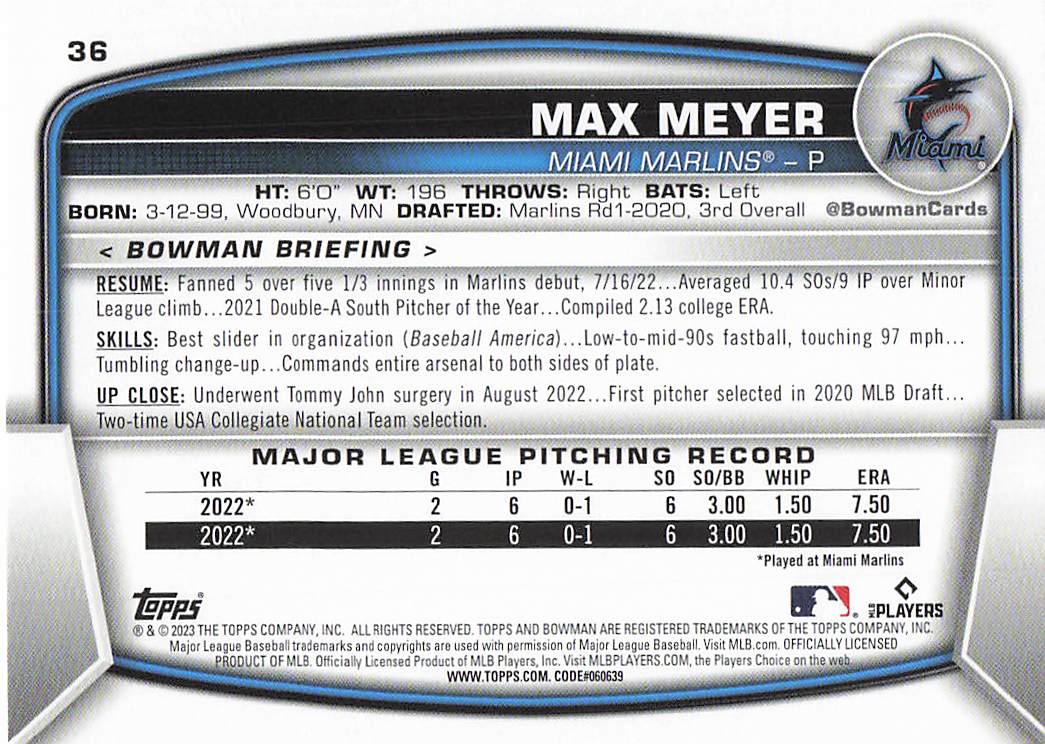2023 Bowman Baseball Max Meyer #36 Rookie