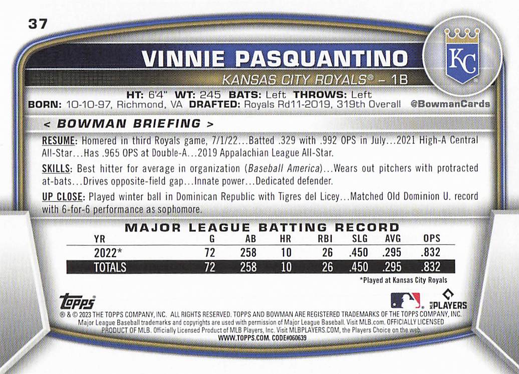 2023 Bowman Baseball Vinnie Pasquantino #37 Rookie