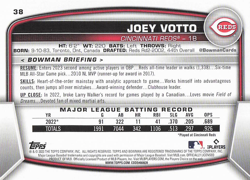2023 Bowman Baseball Joey Votto #38