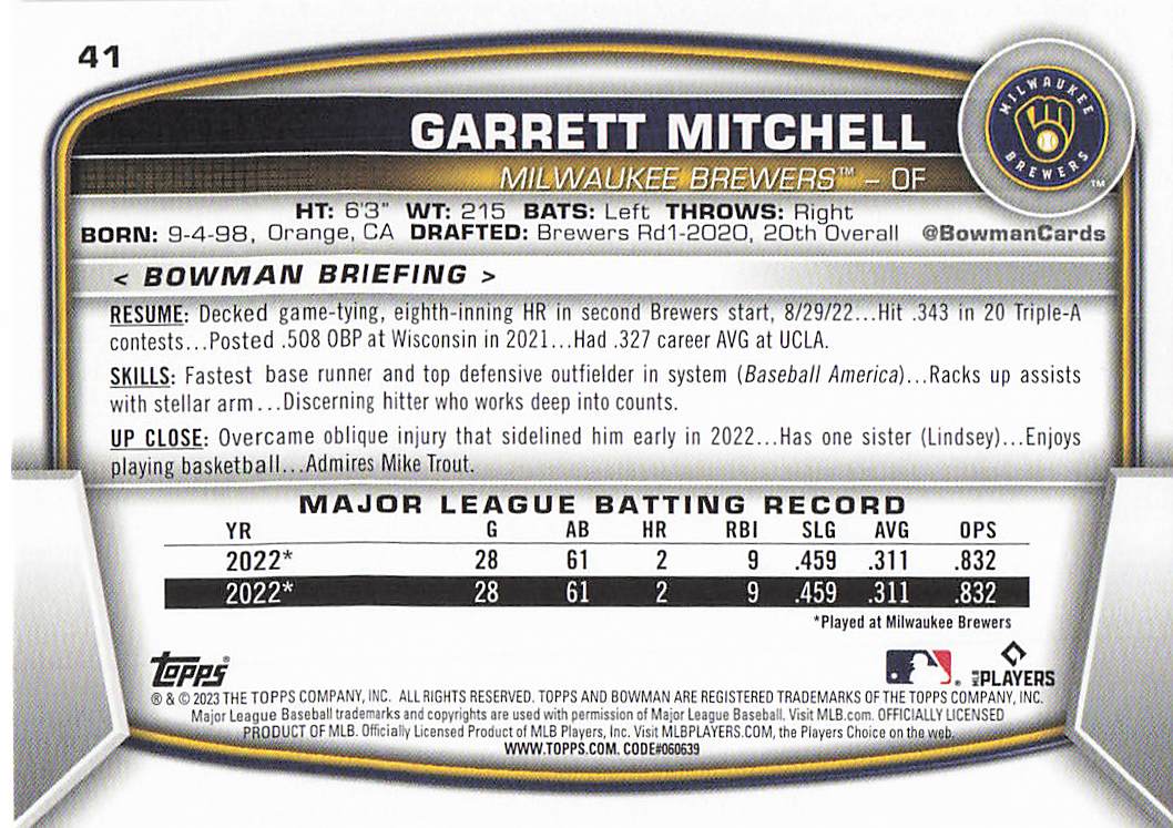 2023 Bowman Baseball Garrett Mitchell #41 Rookie