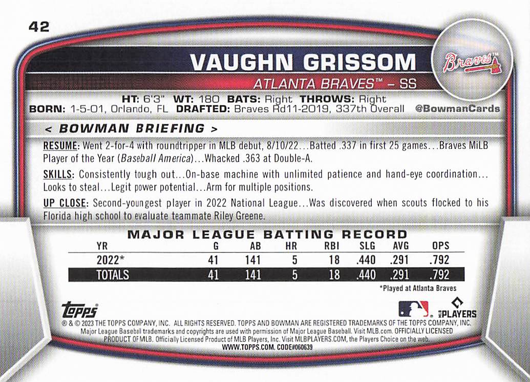 2023 Bowman Baseball Vaughn Grissom #42 Rookie