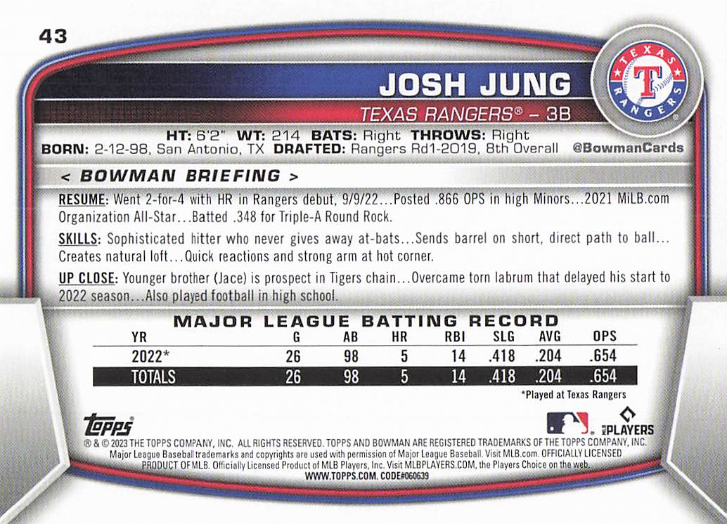 2023 Bowman Baseball Josh Jung #43 Rookie