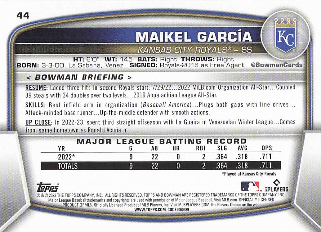 2023 Bowman Baseball Maikel Garcia #44 Rookie