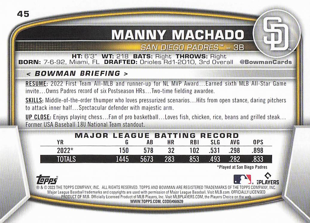 2023 Bowman Baseball Manny Machado #45