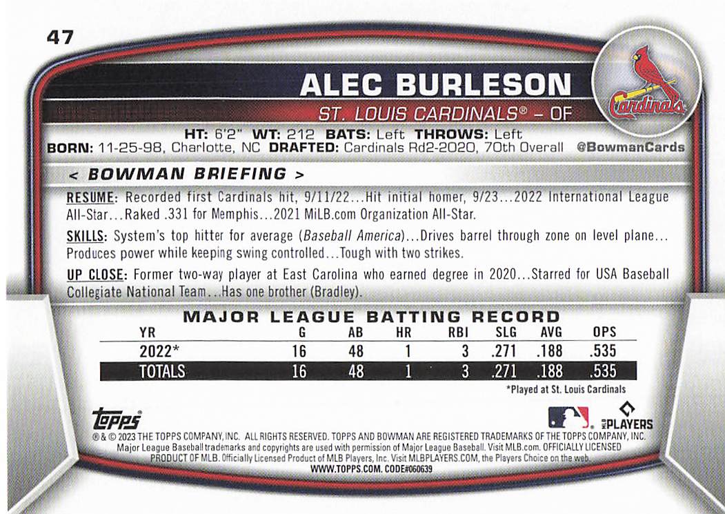 2023 Bowman Baseball Alec Burleson #47 Rookie