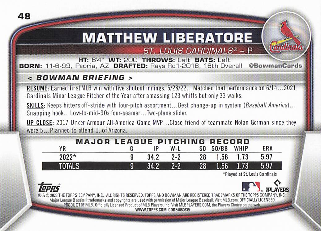 2023 Bowman Baseball Matthew Liberatore #48 Rookie