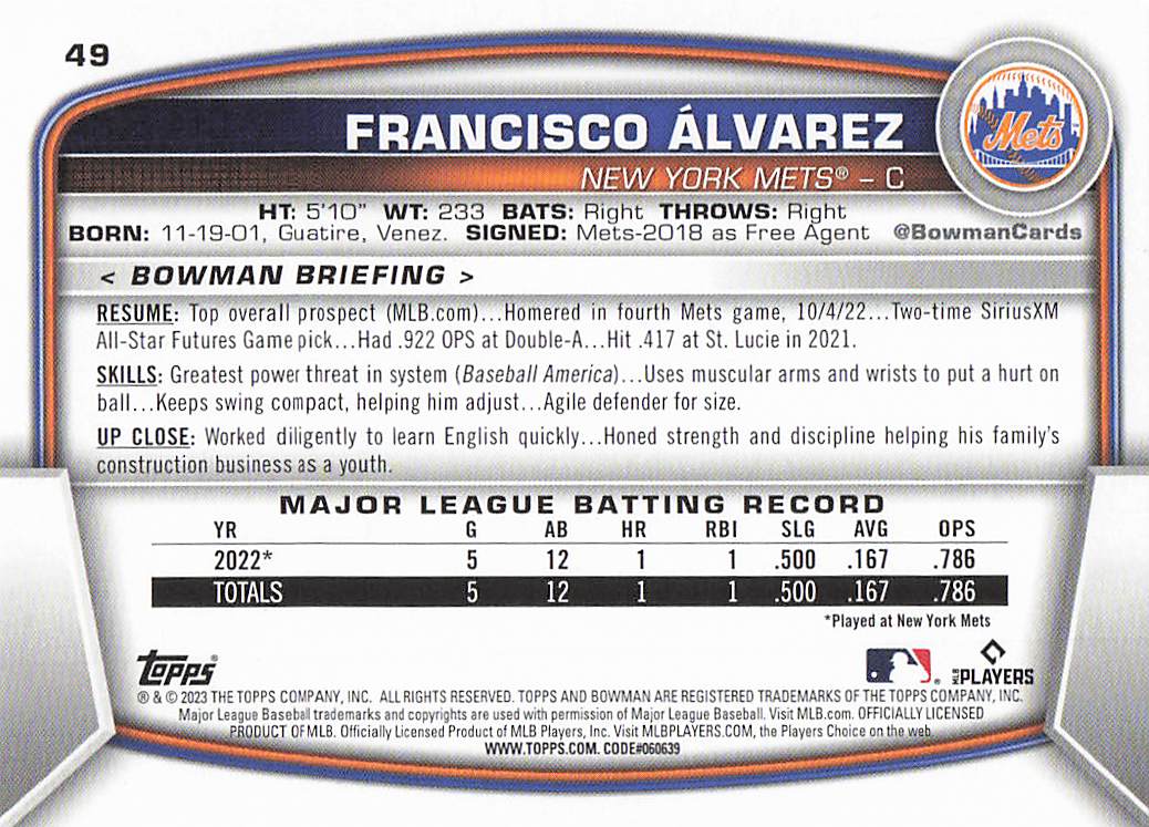 2023 Bowman Baseball Francisco Alvarez #49 Rookie