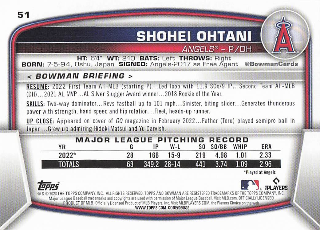 2023 Bowman Baseball Shohei Ohtani #51