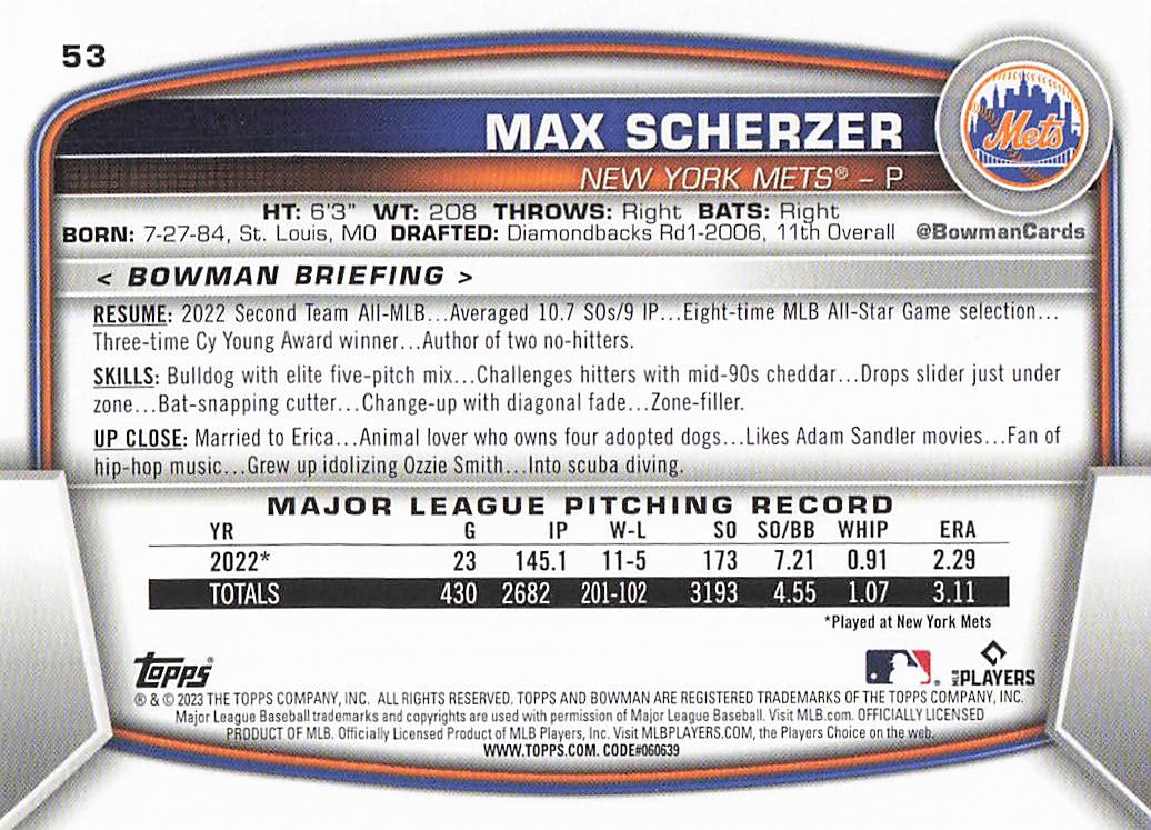2023 Bowman Baseball Max Scherzer #53