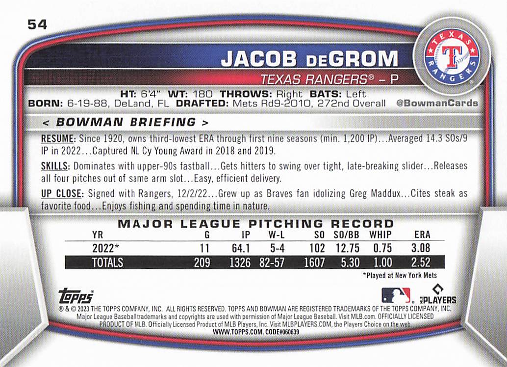 2023 Bowman Baseball Jacob deGrom #54