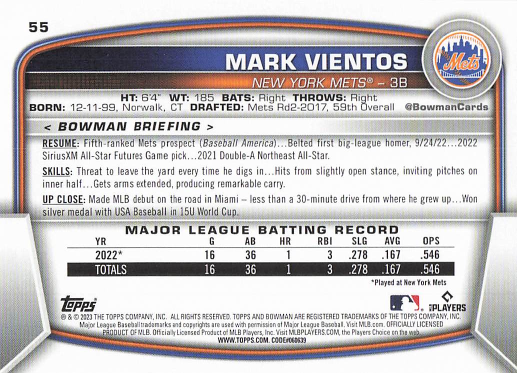 2023 Bowman Baseball Mark Vientos #55 Rookie