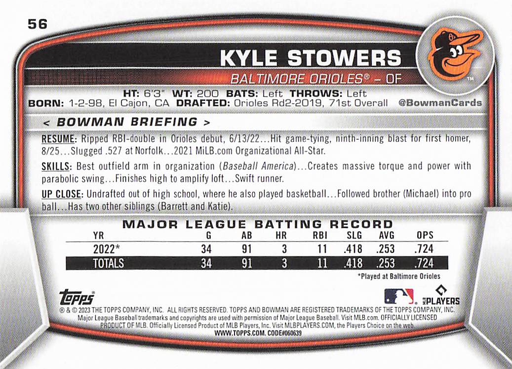 2023 Bowman Baseball Kyle Stowers #56 Rookie