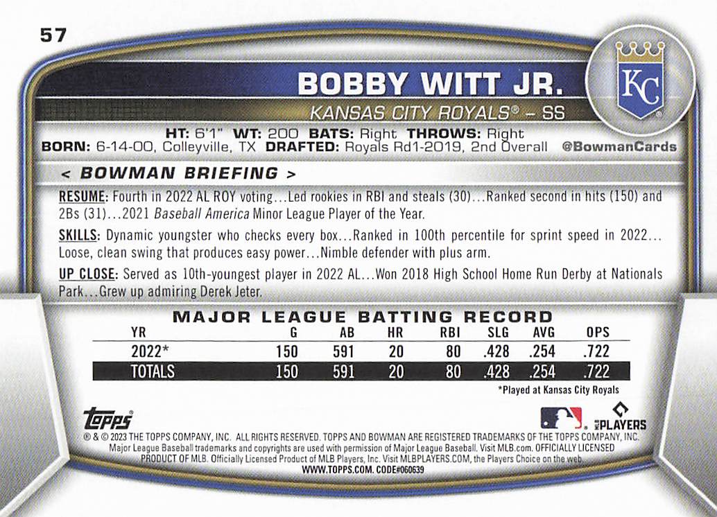 2023 Bowman Baseball Bobby Witt Jr. #57