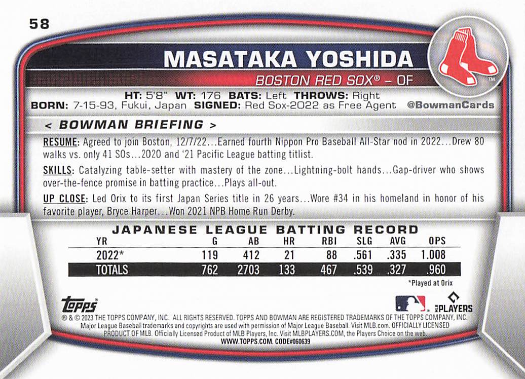 2023 Bowman Baseball Masataka Yoshida #58 Rookie