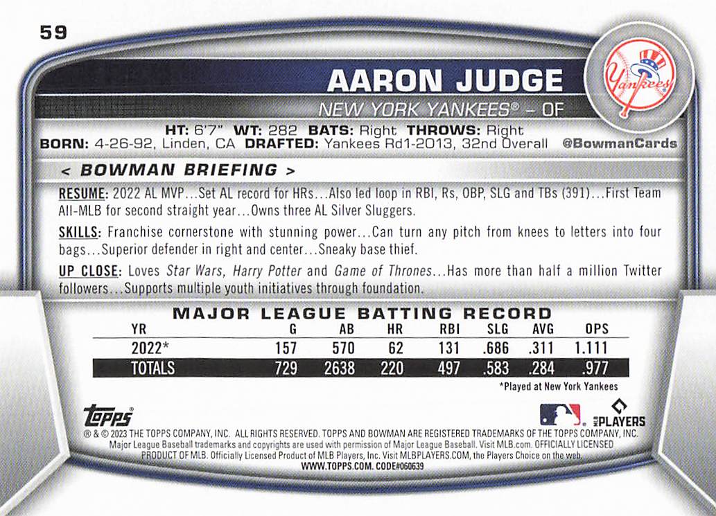 2023 Bowman Baseball Aaron Judge #59