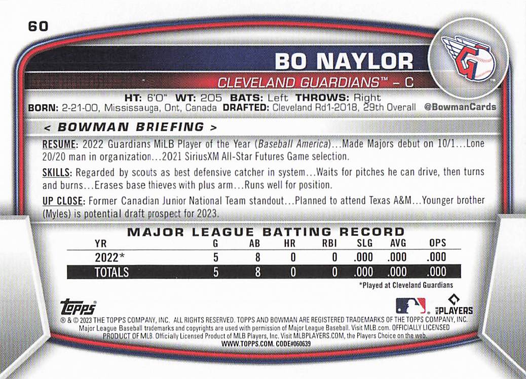 2023 Bowman Baseball Bo Naylor #60 Rookie