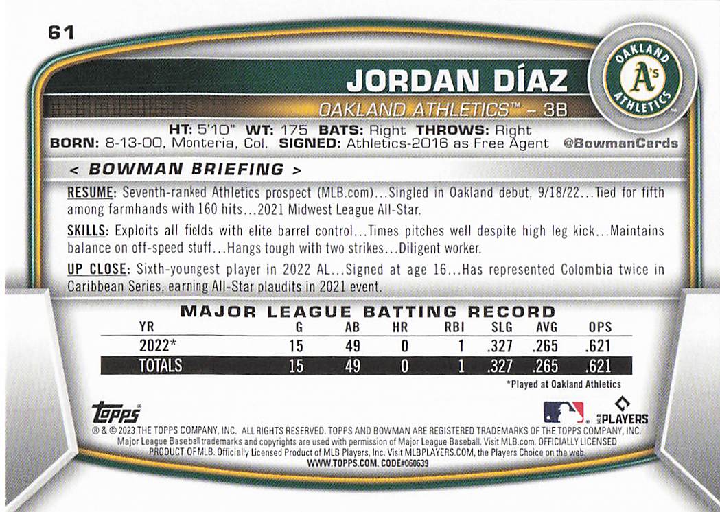 2023 Bowman Baseball Jordan Diaz #61 Rookie