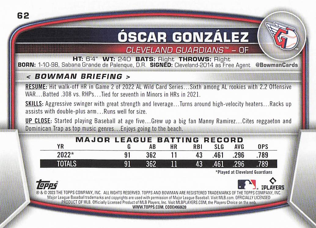 2023 Bowman Baseball Oscar Gonzalez #62 Rookie